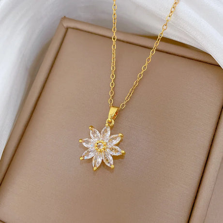 White Crystal Petal Lotus Flower Bud Pendant Necklace, Stainless Steel Waterproof Chain