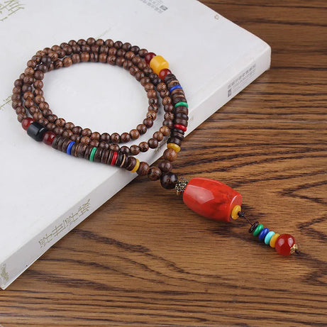 Wood Bead Bodhi Pendant Sweater Chain Necklace Jewelry