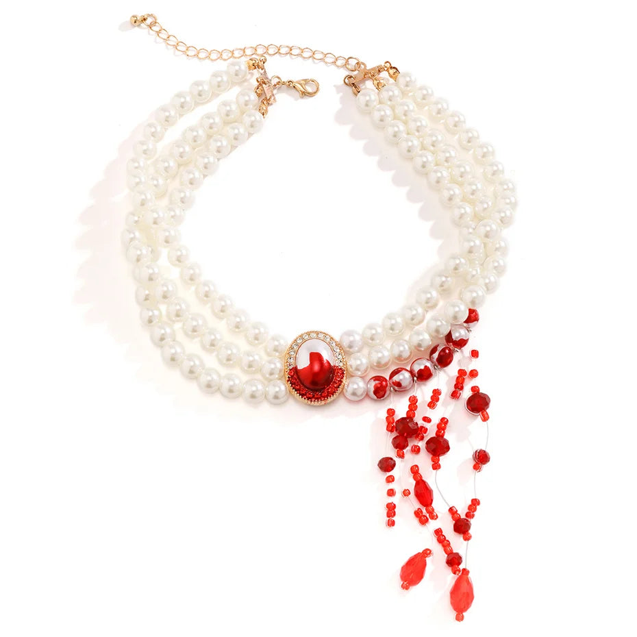 Goth Creative Red Blood Pattern Imitation Pearl Chain Necklace for Women Punk Long Tassel Beads Pendant Halloween Wed Jewelry - Charlie Dolly