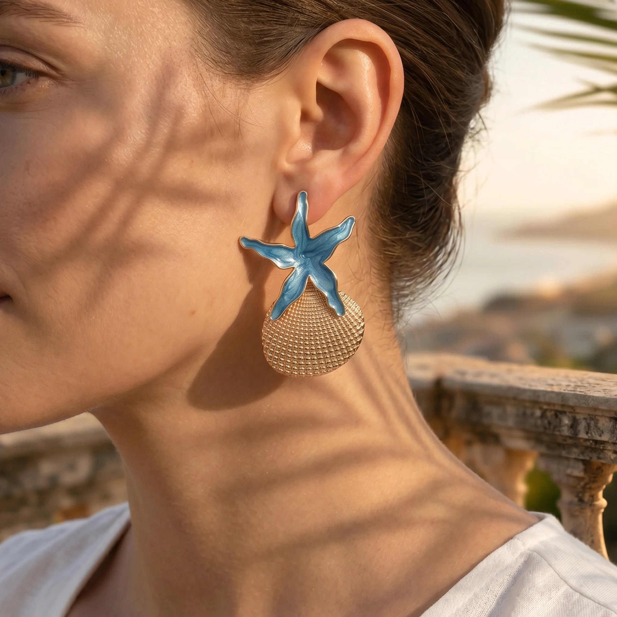 Summer Beach Irregular Enamel Starfish Shell Drop Earrings Boho Gold Tone Jewelry for Women