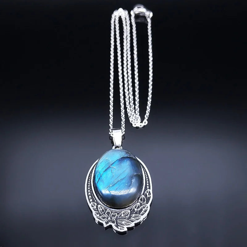 Boho Vintage Natural Labradorite Stone Necklace Women Stainless Steel Bohemia Necklaces Divination Spiritual Meditation Jewelry