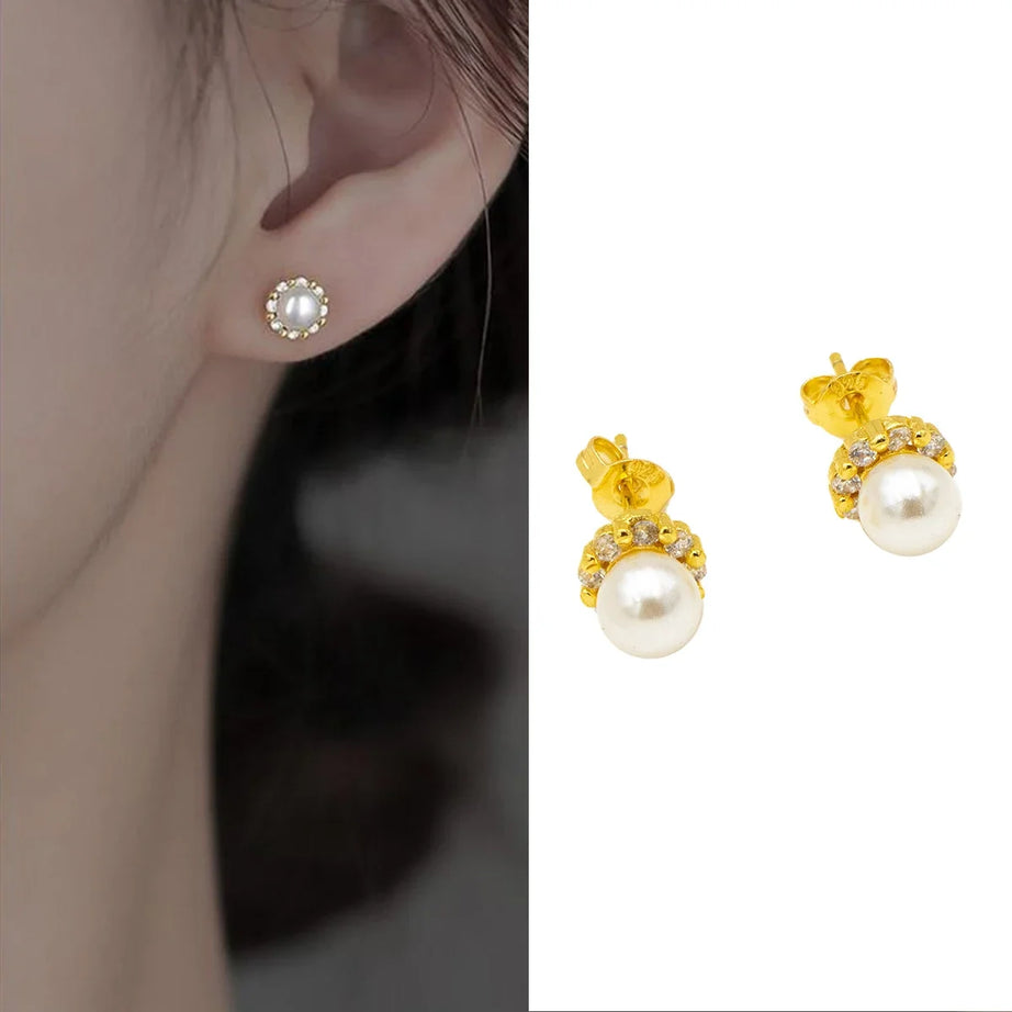 Pearl Zircon Gold Stud Earrings Jewelry