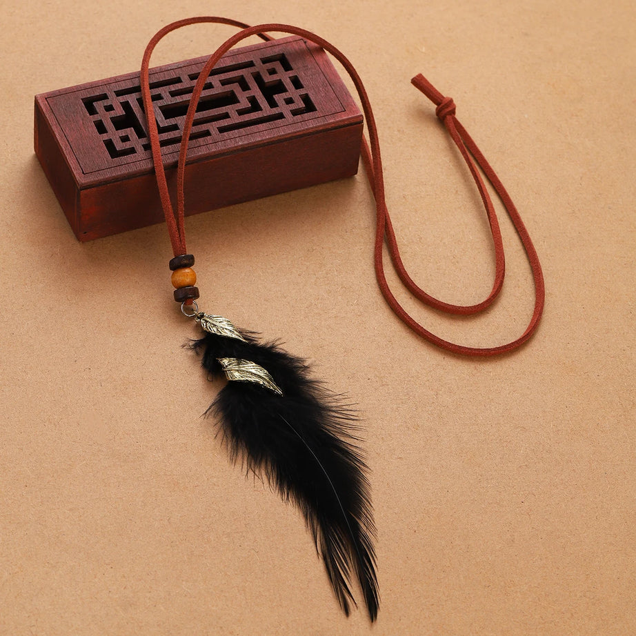 Rope Bead Feather Pendant Long Necklace Jewelry