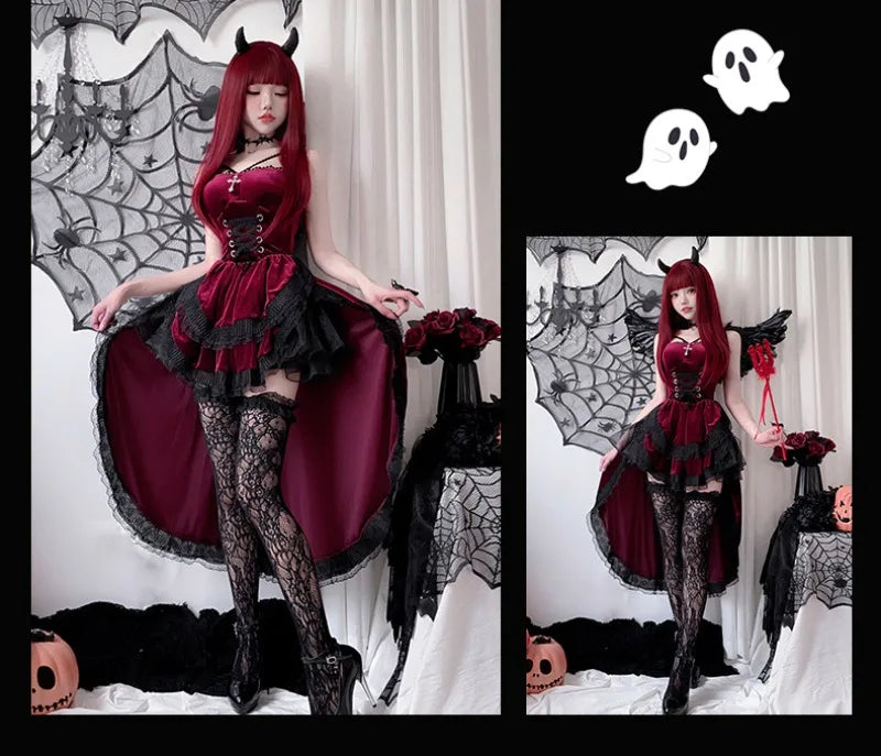 Cospaly Dark Gothic Halloween sexy lace dovetail halter dress Dovetail Witch Demon Vampire Ghost bridal dress - Charlie Dolly