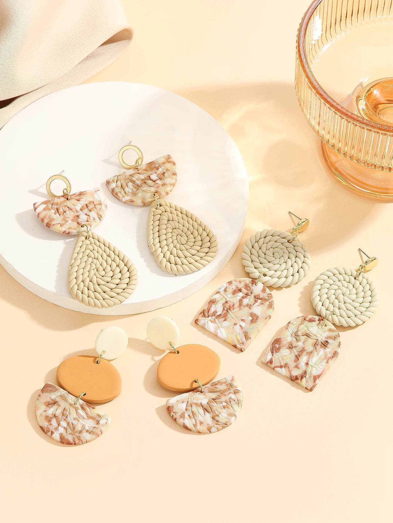 Assorted Boho Marbled Woven Geometric Earrings Arch Teardrop Rattan Style Drop Lightweight Unique Handmade Style Jewelry