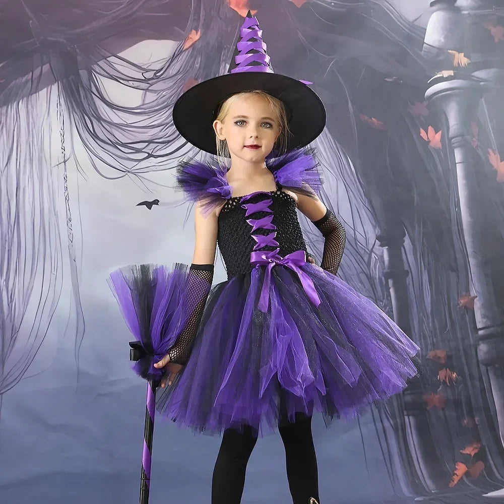 Halloween New Witch Dress Cosplay Costume Dress for Girl Carnival Party Dress Hat Broom Fancy Clothes Suit