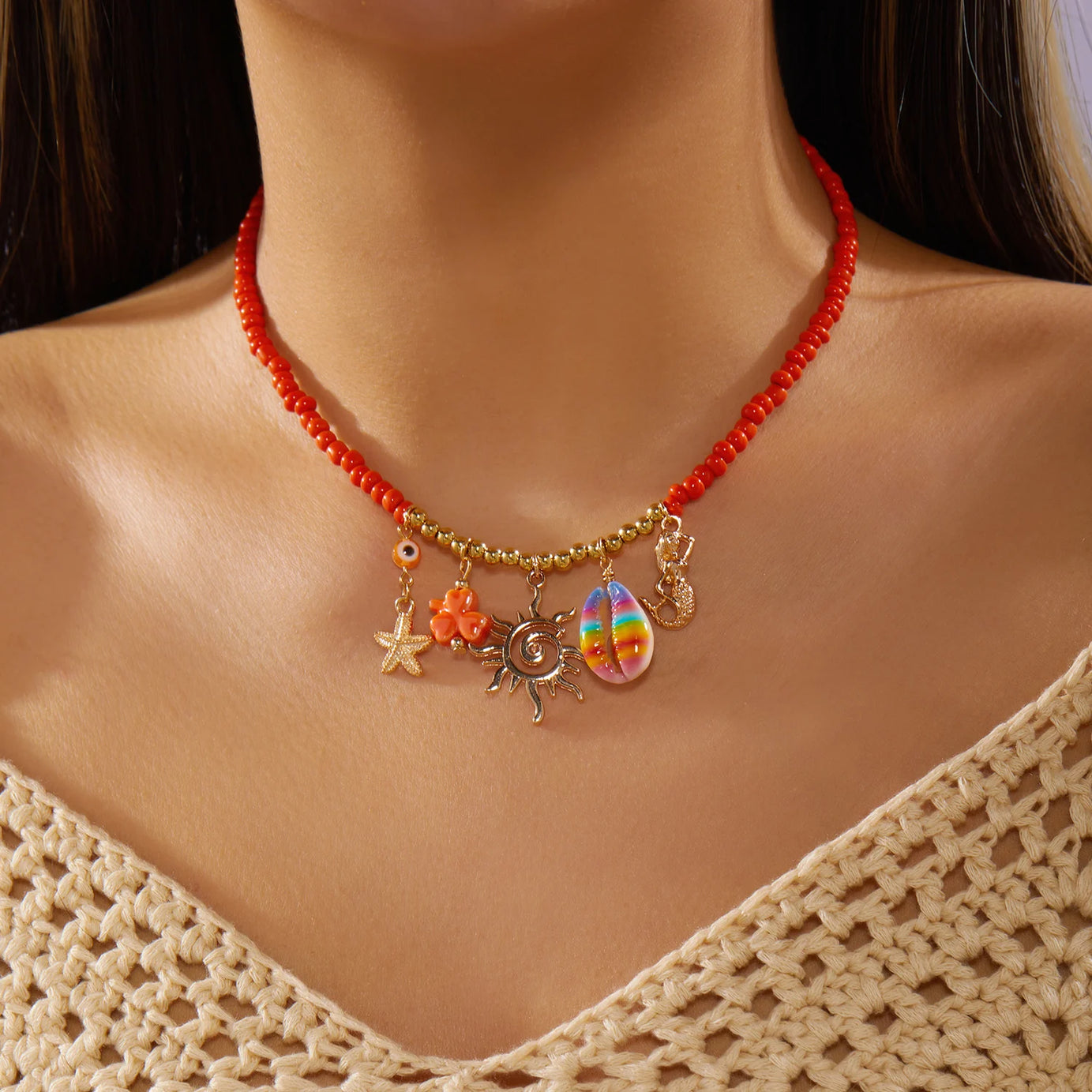 Coral, Starfish and Rice Bead Sun Boho Necklace, Earring or Ring