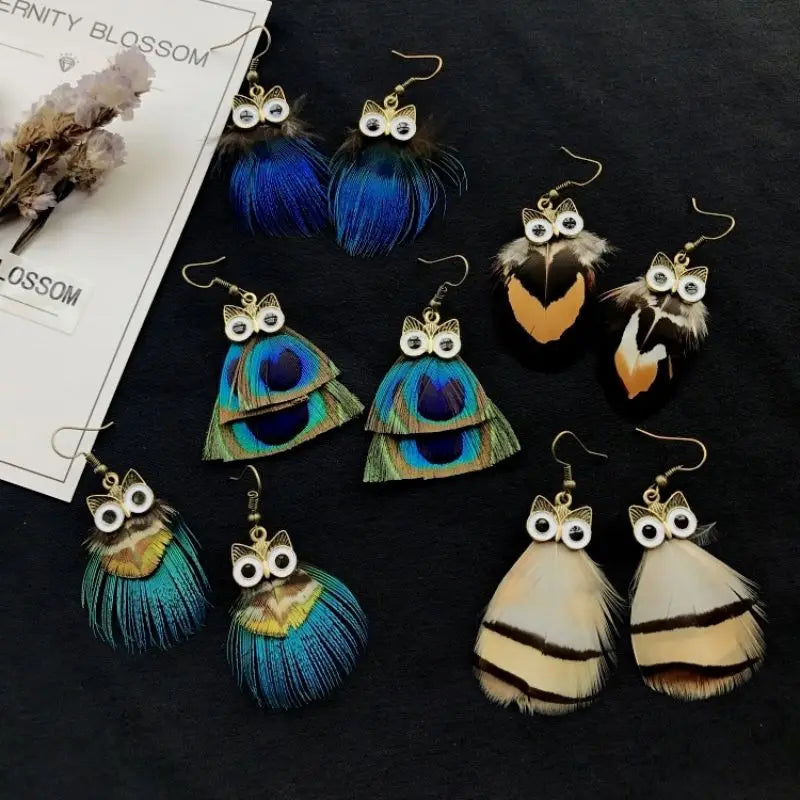 Unique Feather Earrings Imitation Peacock Feathers Vintage Earrings Exaggerate Boho Earrings Statement Jewelry Custom Packaging
