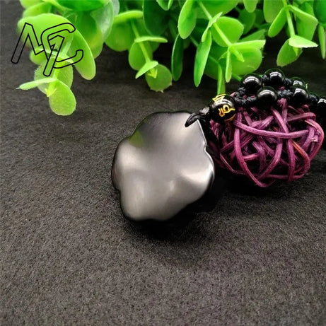 Natural Obsidian Rose Flower Pendant, Hand-Carved Lucky Amulet