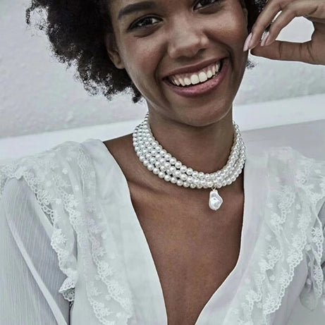 Baroque Pearl Layered Strand Boho Choker Wedding Necklace