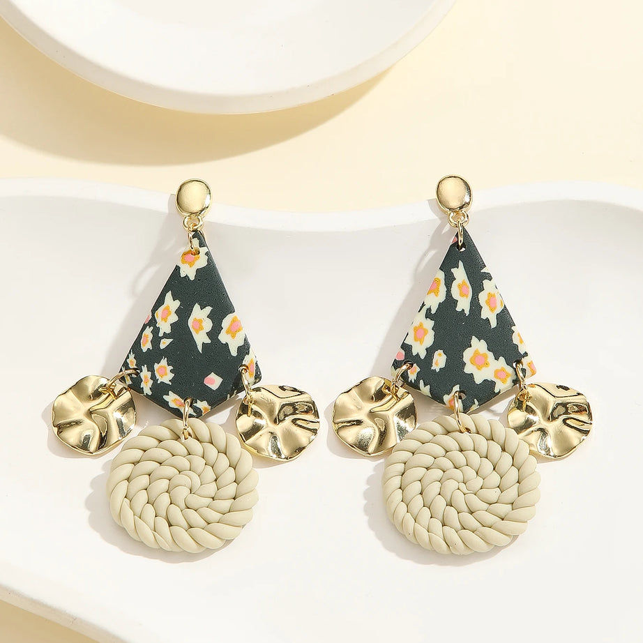 Floral Geometric Polymer Clay Statement Earrings Jewelry