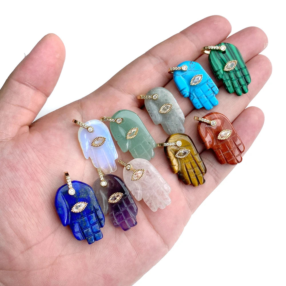 Lucky Natural Stone Fatima Hand Charms 1Pc Blue Lapis Lazuli Evil Eye Hand Pendant For Jewelry Making Earrings DIY Necklace