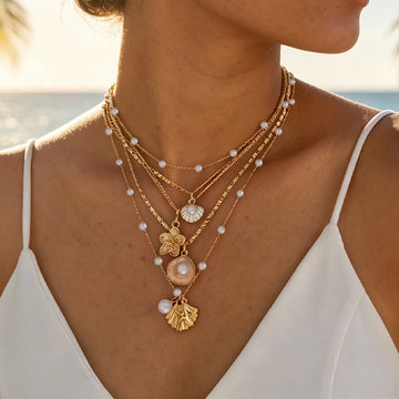 5 Pcs Boho Starfish Shell Pendant Necklace Set For Women Trendy Summer Beach Pearl Flower Necklaces Girls Travel Party Jewelry