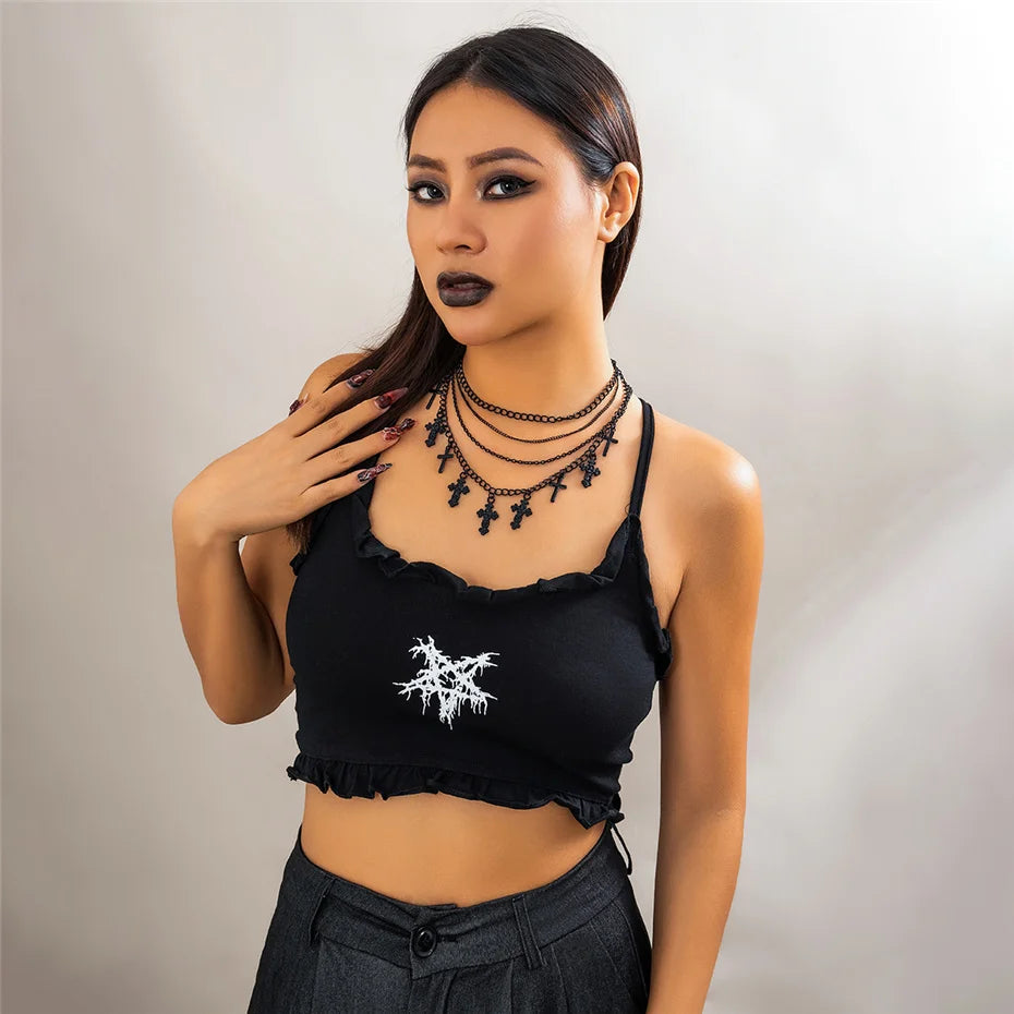 4Pcs Goth Black Cross Jesus Tassel Pendant Choker Necklace for Women Punk Metal Clavicle Chain Halloween Jewelry Y2K Accessories - Charlie Dolly