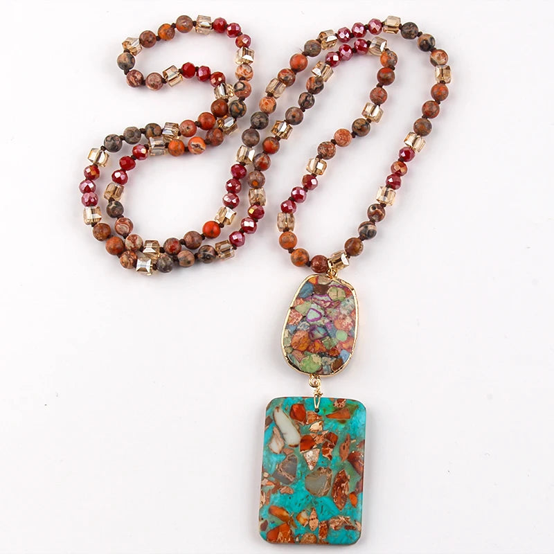 RH Fashion Bohemian Jewelry Natural Stones Crystal Stone Knotted Semi Precious Stone Boho Multi Pendant Necklace Women Gift