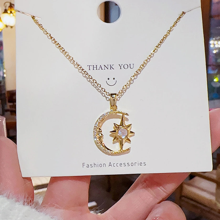 Stainless Steel Moon & Star Zircon Pendant Necklace, Delicate Celestial Chain