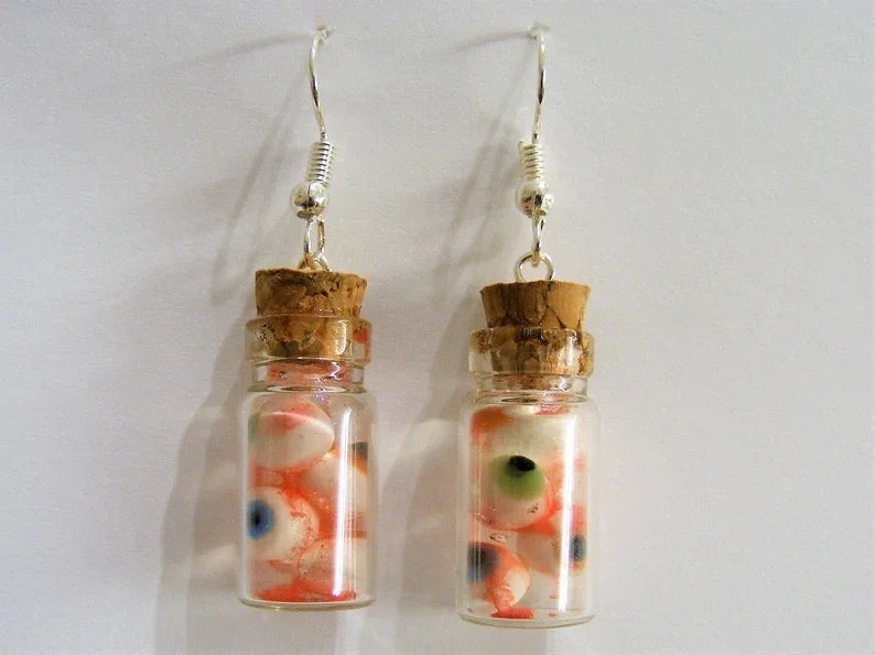 Halloween earrings Eyeballs in a Bottle Earrings Miniature Bottle Eyeball earrings Bottle of Eyes Halloween Jewelry - Charlie Dolly