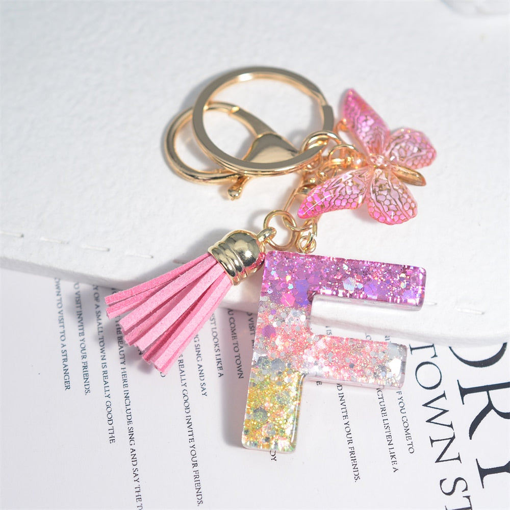 Cute Resin A-Z Initials Letter Keychain Pink Sparkle Butterfly Tassel Pendant Keyring for Women Girl Purse Handbags Jewelry Gift - Charlie Dolly