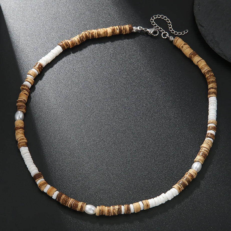 Coconut Shell, Turquoise and Wood Bead Boho Necklace for Men