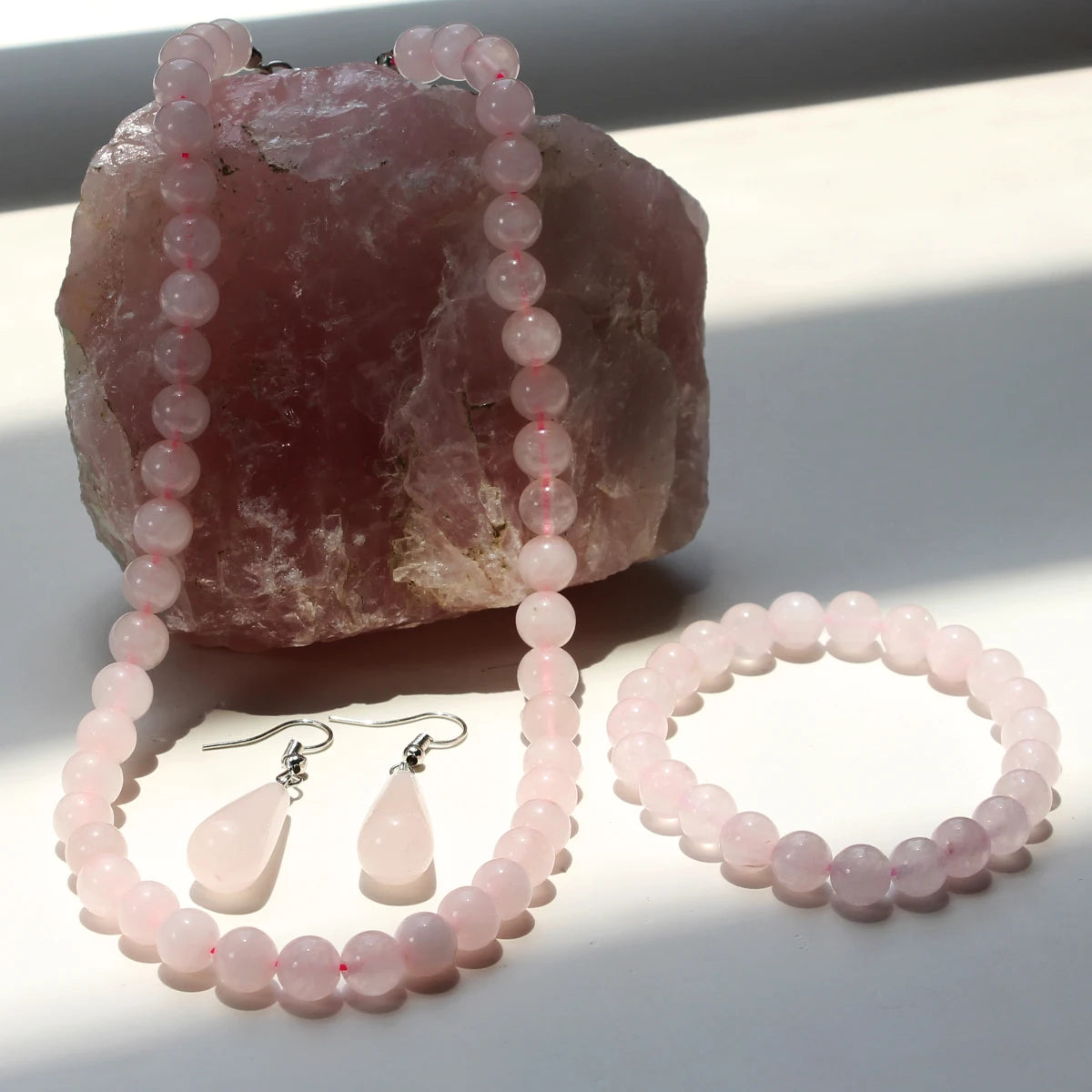 3PCS Natural Stone Rose Quartz Round Beaded Necklace Bracelet Earrings Jewelry Set Boho Women's Sweet Handmade Accessories