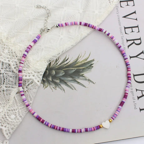 Polymer Clay Heart and Natural Shell Bead Boho Choker