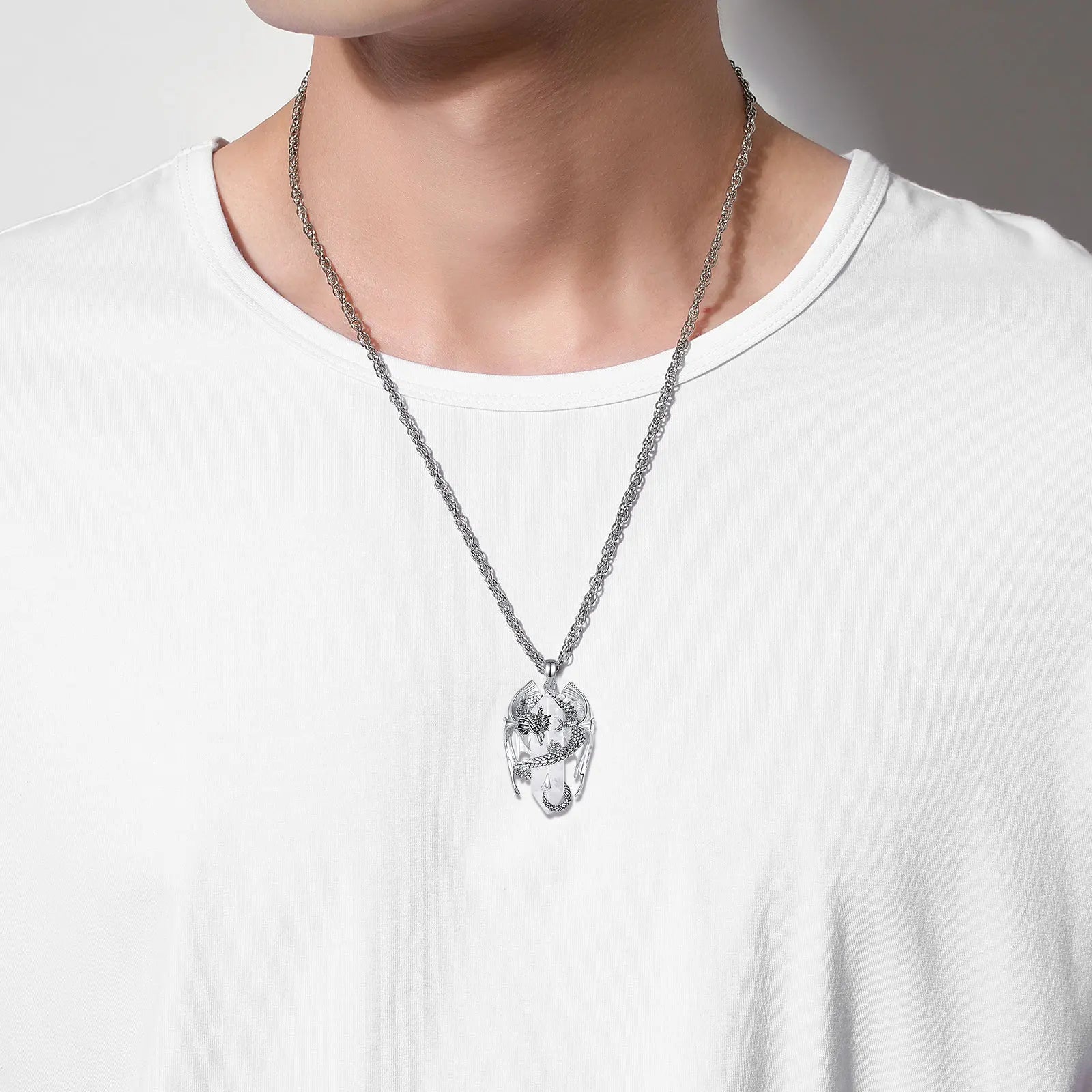 Eudora Dragon Twining Hexagonal Clear Quartz Prismatic Necklace Punk Natural healing stone White Crystal Pendant Jewelry for Man