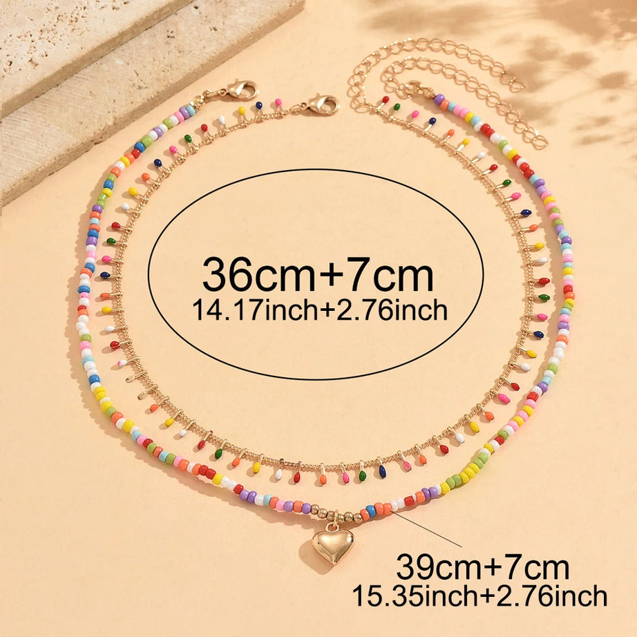 Rainbow Glass Bead Heart Choker Necklace Jewelry