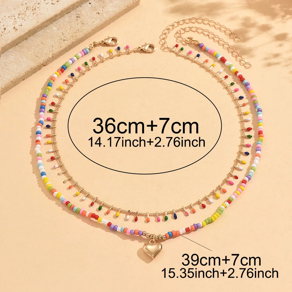 Rainbow Glass Bead Heart Choker Necklace Jewelry