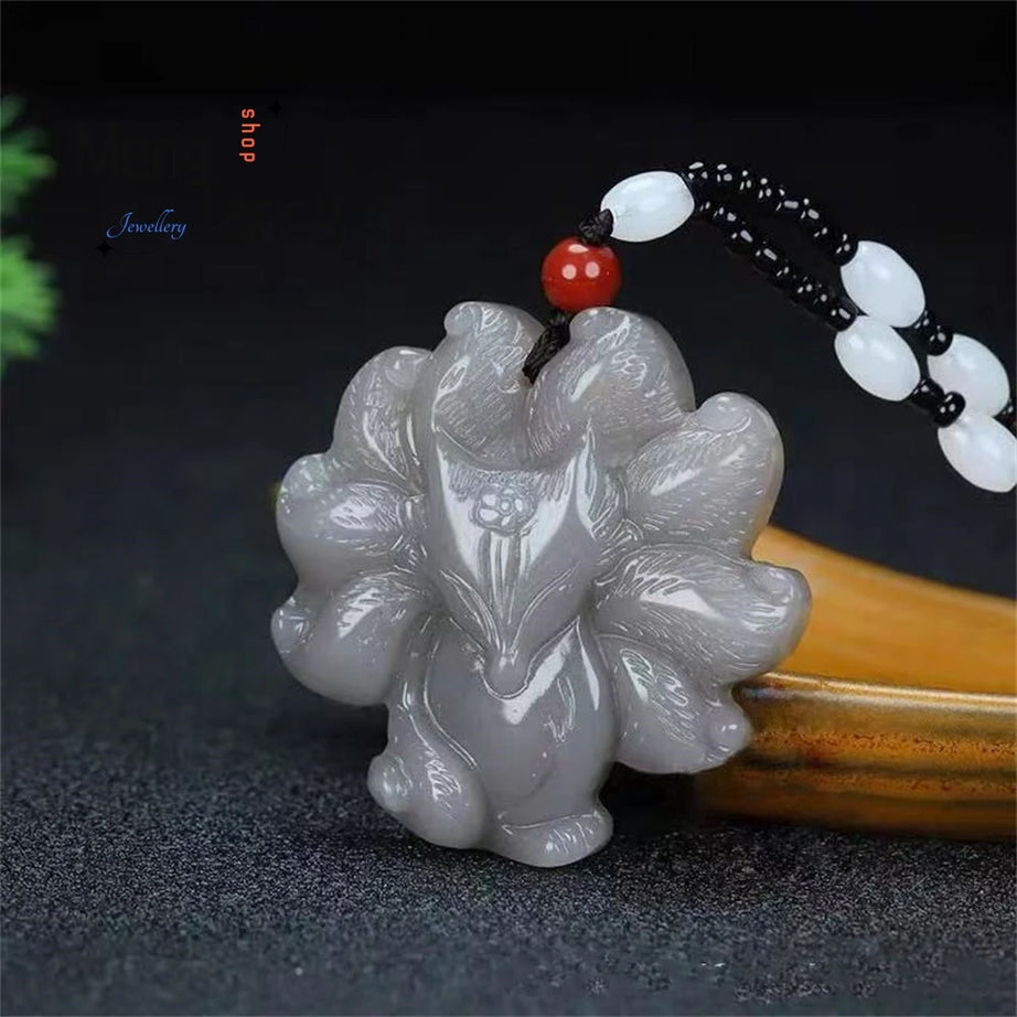 Nine-Tailed Fox Hetian Jade Pendant, Kitsune Sacred Amulet Necklace