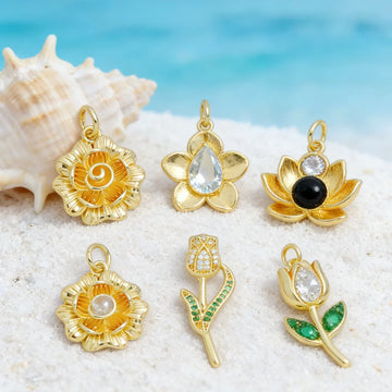 4Pcs Pendants Sparkling Elegant Brass Zirconia Lotus Tulip Flower Charms DIY Jewelry for Necklace Bracelet Daily Party Accessory