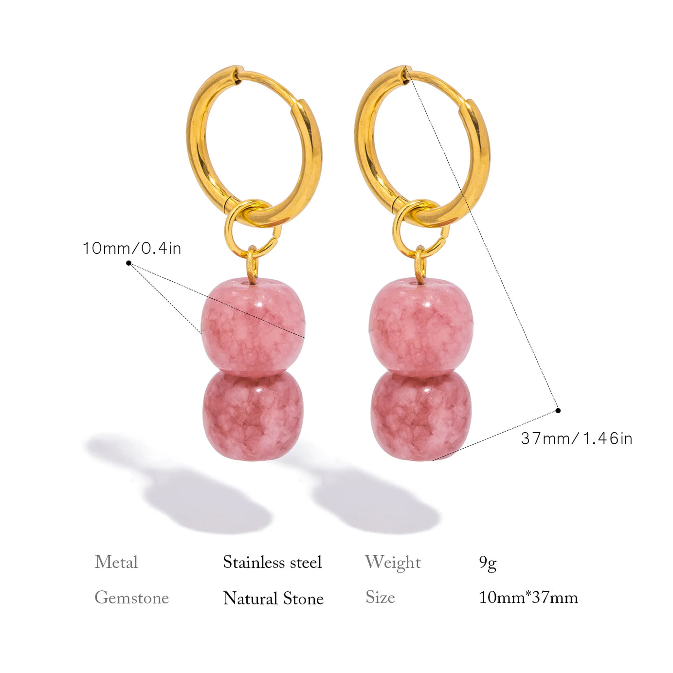 Natural Stone Charm Hoop Drop Earrings, Stainless Steel Trendy Boho Jewelry