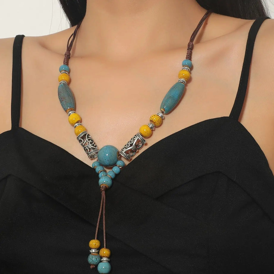 Simple Ceramic Bead Tassel Long Necklace Jewelry