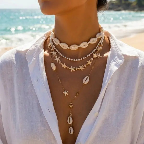 Boho Shell Starfish Seahorse Polymer Clay Necklace Set 3Pcs Summer Beach Choker For Women Vacation Jewelry