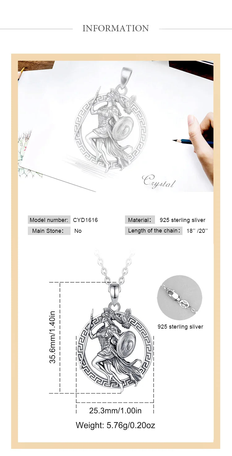 AEONSLOVE 925 Sterling Silver Athena Greek Goddess of War Pendant Vintage Owl Necklace Amulet Mythology Jewelry for Men Women