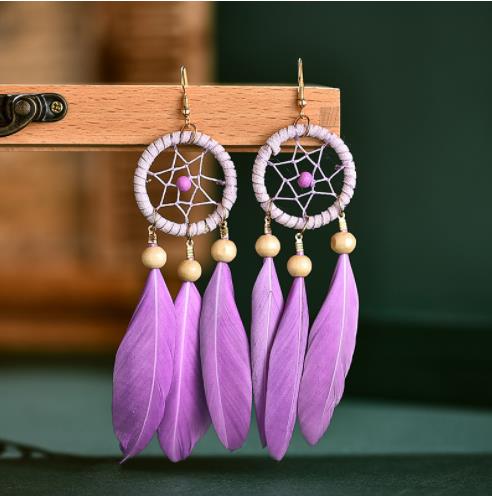 Bohemian Hollow Dream Catcher Leaf Feather Earrings For Women Indian Jewelry Blue Natural Stone Drop Dangle - Charlie Dolly