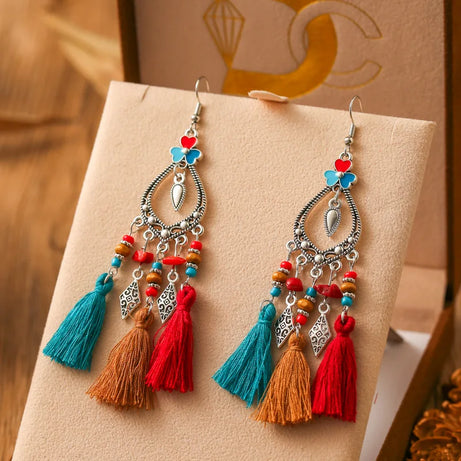 Heart Flower Enamel Bead Tassel Earrings Jewelry