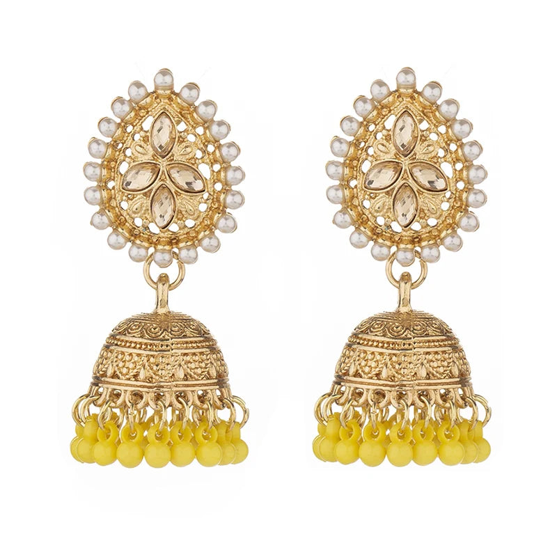 Vintage Waterdrop Design Inlaid Pearl Rhinestone Indian Earrings for Women Ethnic Boho Carved Small Bell Earrings Jhumka Jewelry