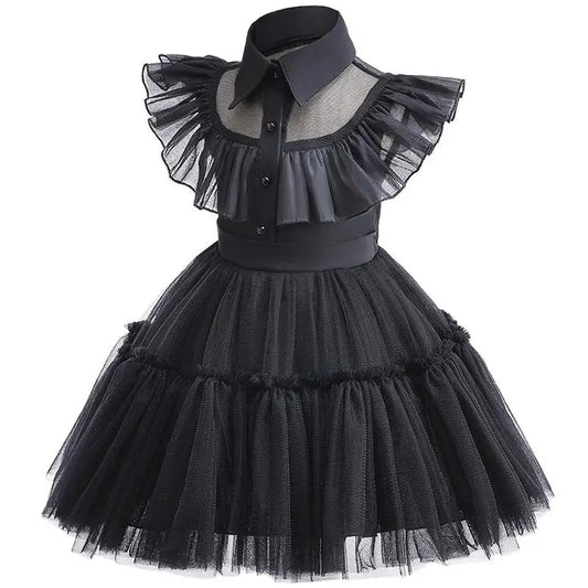 Wednesday Adams Children's Clothing Girls' New Mesh Flying Sleeves Solid Color Party Dress Halloween Gothic Style Cosplay Dress