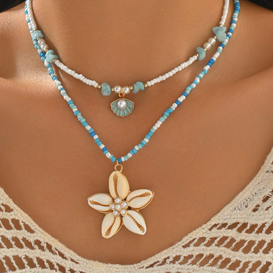 Layered Shell Flower Boho Necklace Set (2 Pieces)