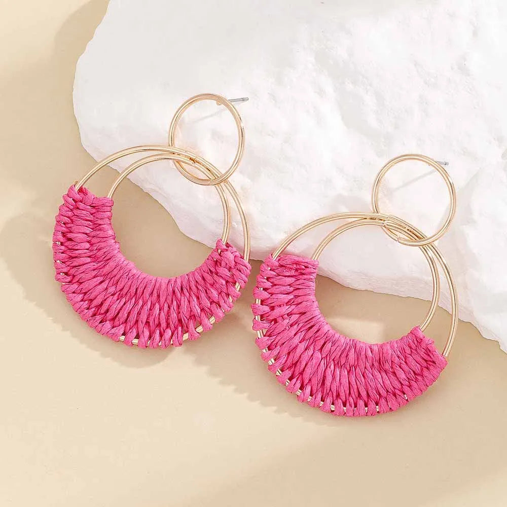 Raffia Hoop Earrings for Women Girls Fun Boho Summer Beach Earrings Lightweight Handmade Straw Wicker Rattan Dangle Earrings