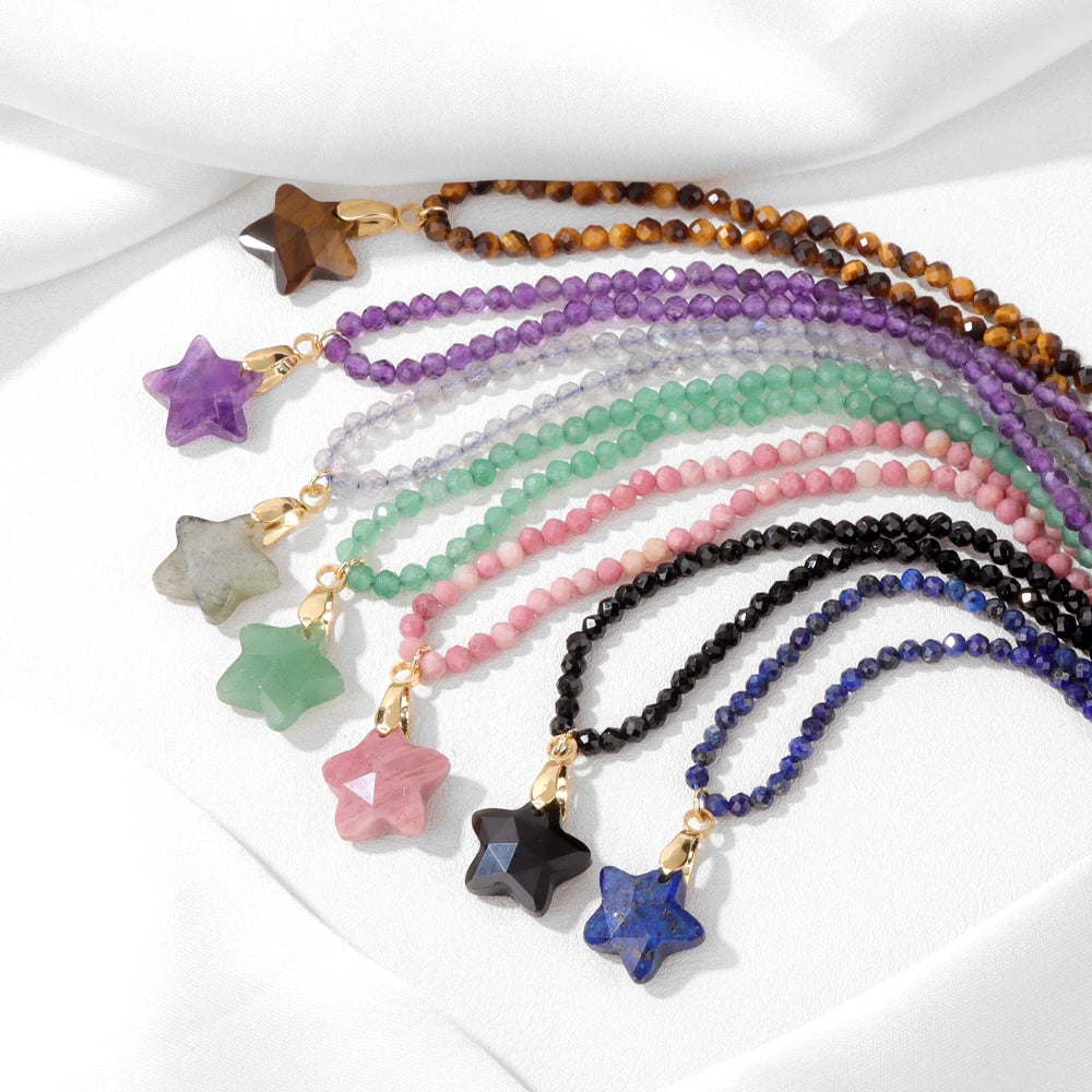 Fashion Boho Beads Necklace Star Shape Natural Stone lapis lazuli Tiger Eye Quartz Beaded Choker for Women Men Jewelry Gift