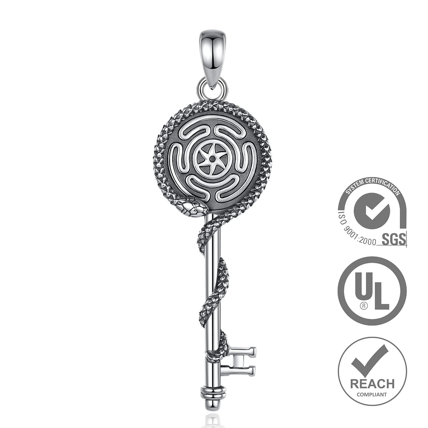 S925 Sterling Silver Hecate Wheel, Snake & Key Pendant Necklace, Triple Goddess Witch Pagan Amulet
