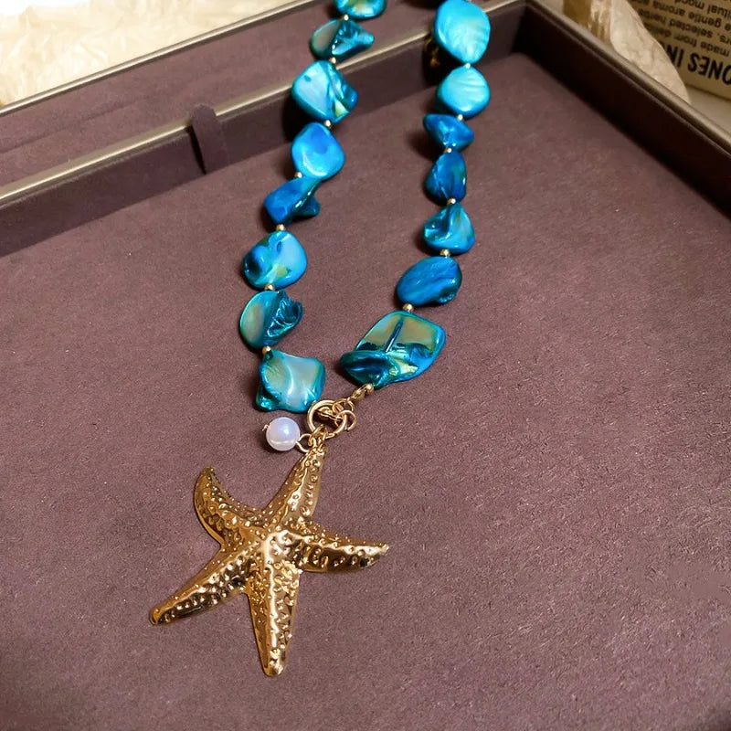 Boho Irregular Shells Tassel Earring Imitation Pearl Starfish Pendant Necklace Beach Vacation Style Fashion Women's Jewelry SetB