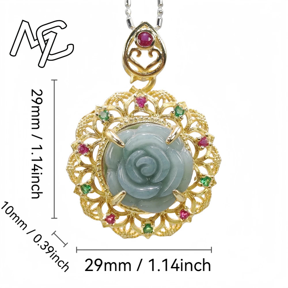 925 Silver Inlay Burmese Jade Adjustable Flower Gourd Butterfly Pendant Ring Emerald Rose Natural Green Women Jewelry Customized
