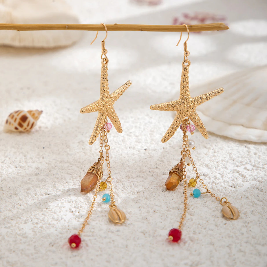 Starfish Jellyfish Pearl Crystal Tassel Earrings Jewelry