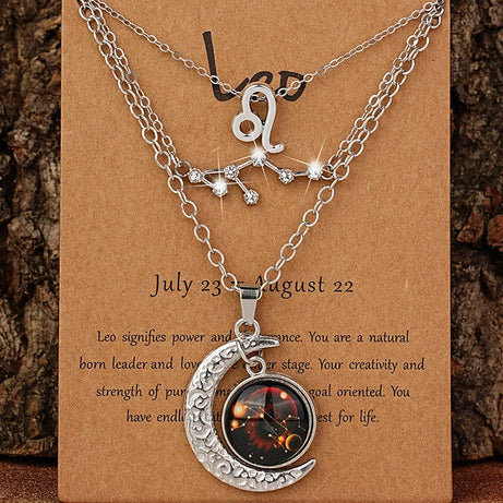 Zodiac Moon Glow Pendant Necklace Set of 3 with Birthstone Cards, Bestie & BFF Gift