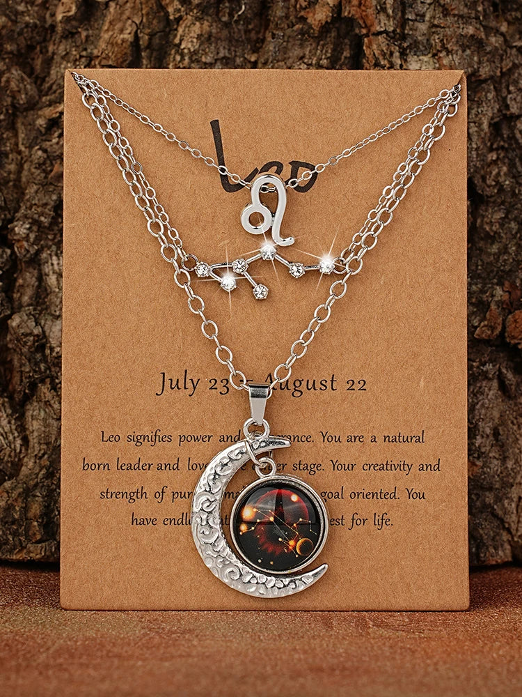 3 Pieces/Set Zodiac Retro Moon Glow Pendant Necklace Set with Birthstone Cards, Birthday Gift for Besties and BFFs