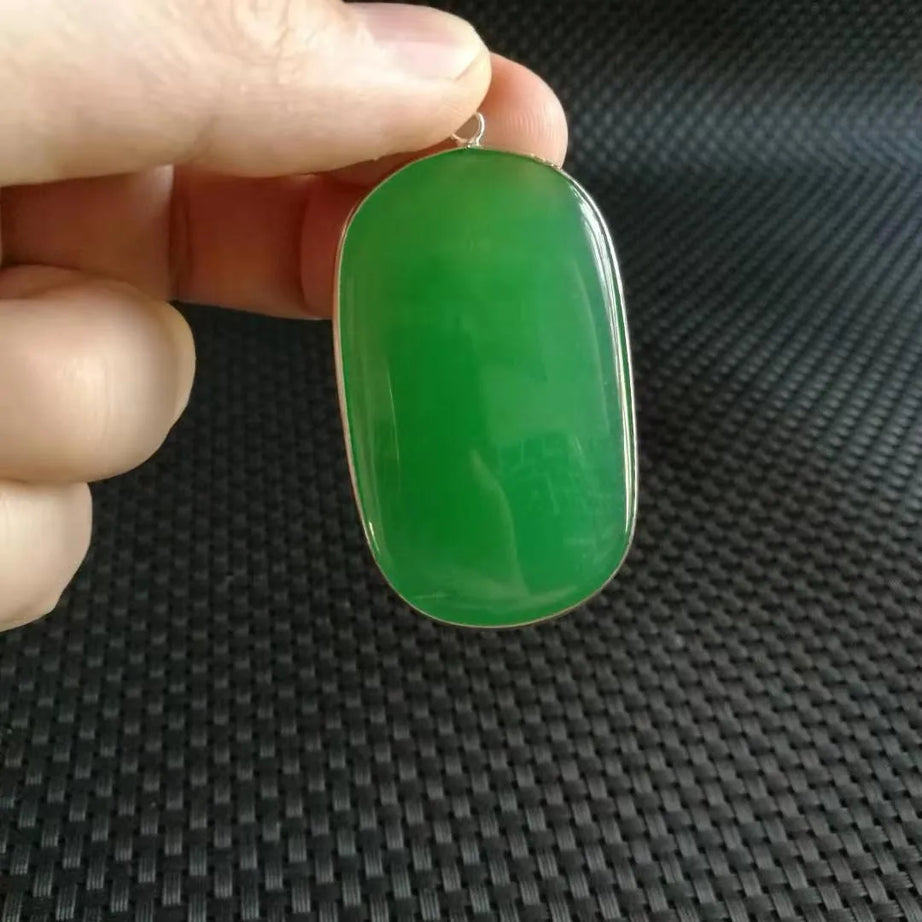 Grade A Natural Myanmar Jadeite Green Jade Oval Pendant Necklace, Fine Amulet
