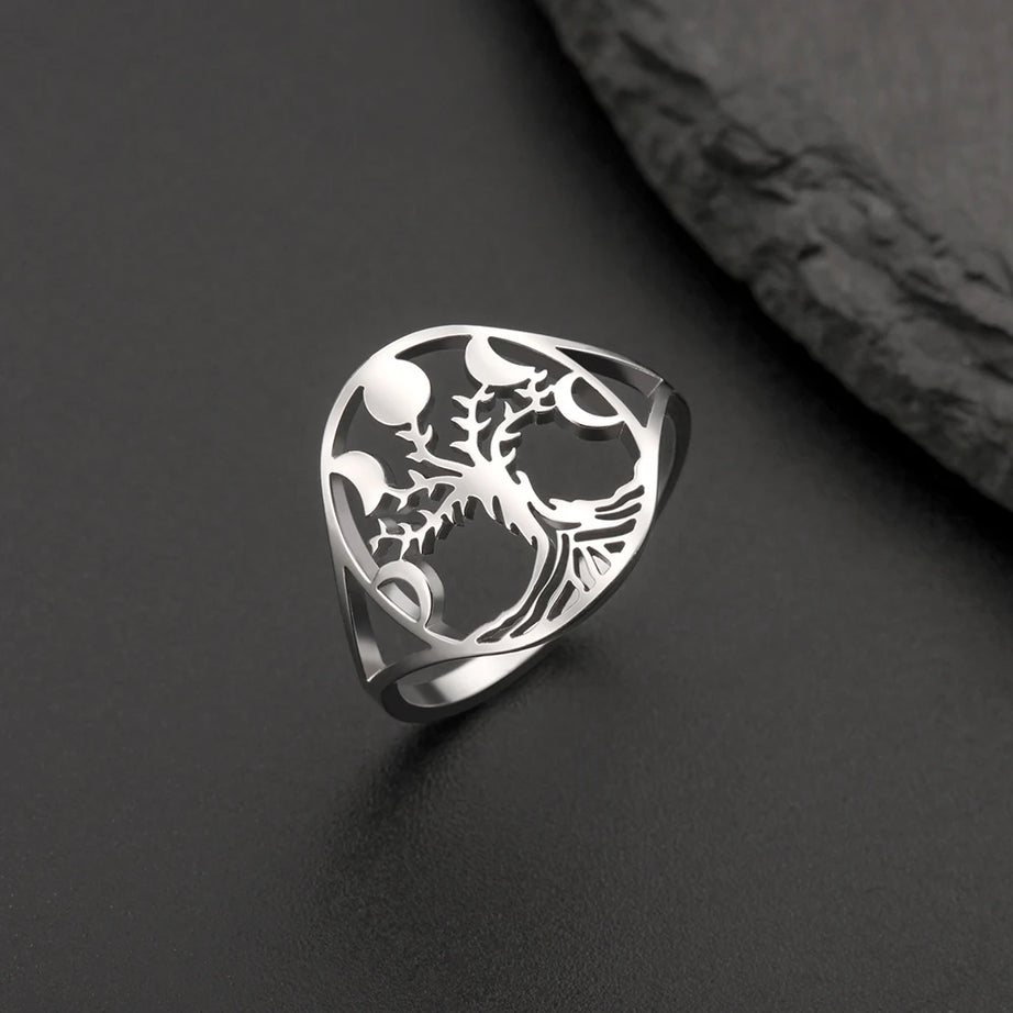 Moon Phase Tree of Life Ring, Stainless Steel