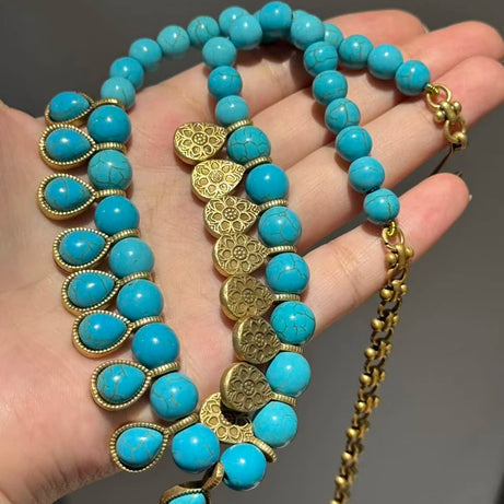 Bohemia Blue Natural Stone Water Drop Beads Chain Choker Necklace Vintage Jewelry for Woman Retro New in Boho Luxury Accessories - Charlie Dolly